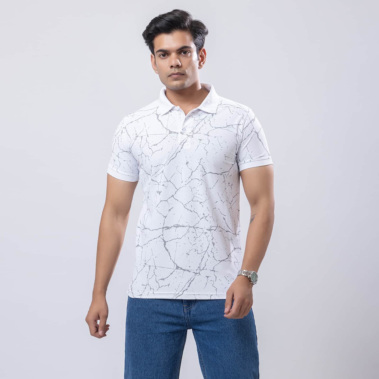 MARS WEB GRAPHIC WHITE POLO T-SHIRT - Image 4